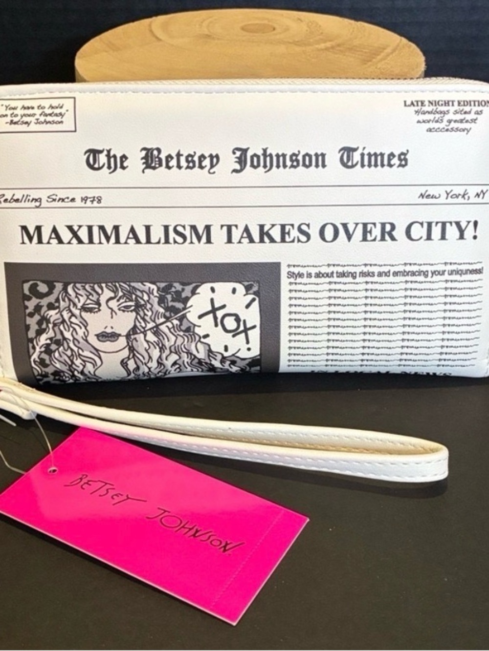 Betsey Johnson Black and White Newspaper Print Zipper Wallet